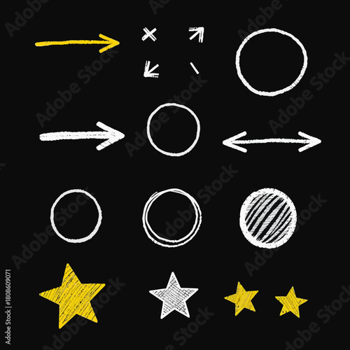 A collection of hand-drawn chalk illustrations on a black background, featuring arrows, circles, stars, and various design elements for visual communication.