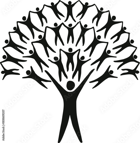 A symbolic tree of life made from connected human figures representing community, growth, and unity