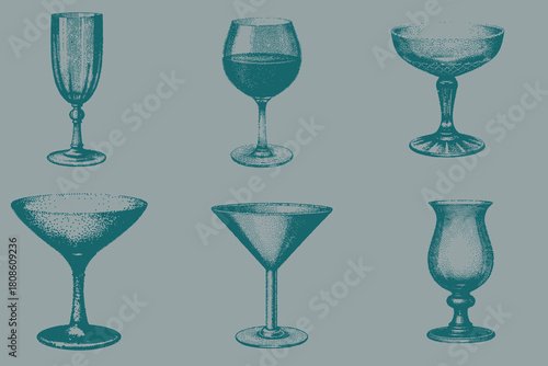 hand drawn Vintage glass set for creative design. Margarita Glass, Wine Glass, Champagne Flute, Hurricane Glass, Martini Glass vector illustration. Eps 10