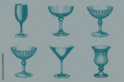 hand drawn Vintage glass set for creative design. Margarita Glass, Wine Glass, Champagne Flute, Hurricane Glass, Martini Glass vector illustration. Eps 10