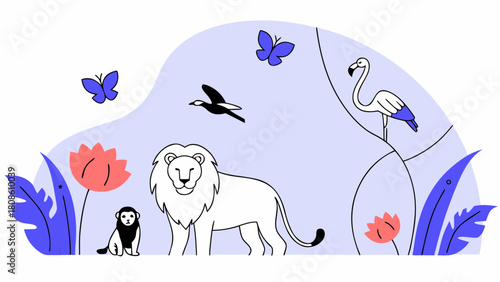 Cute lion monkey bird and flamingo in a stylized illustration of a tropical habitat