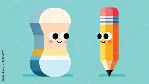 Illustration Of Eraser And Pencil Smiling At Each Other In Cute Character Style Vector Design Template