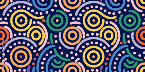 Colorful abstract pattern with circles lines and dots on dark blue background