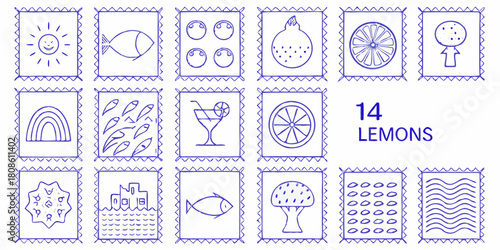 Hand drawn doodle icons set with sun fish rainbow and lemons