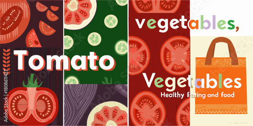 Colorful vegetable collage with tomatoes cucumbers and a shopping bag