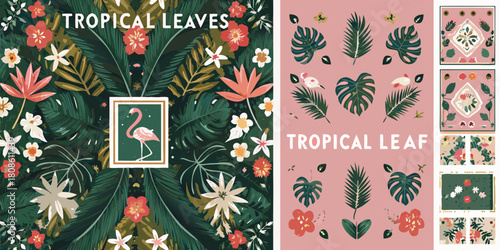 Tropical leaves and flowers with flamingo illustration and leaf motif designs