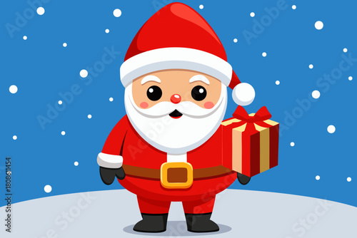 Cartoon Santa Claus Holding a Gift Box in a Winter Scene