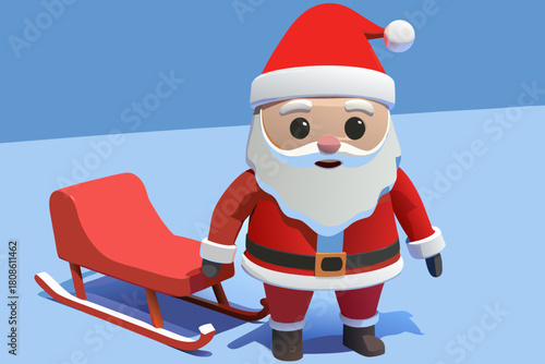 Cartoon Santa Claus standing beside a miniature red sleigh