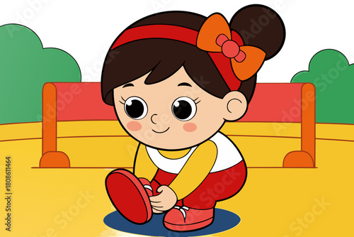 Cartoon girl tying shoelaces wearing red headband and smiling