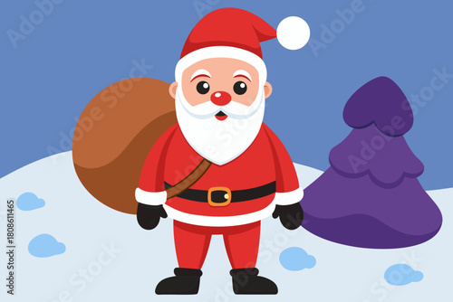 Cartoon Santa Claus with bag and wearing a red Christmas suit