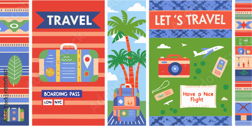 Colorful travel illustration with suitcases palm trees plane and camera