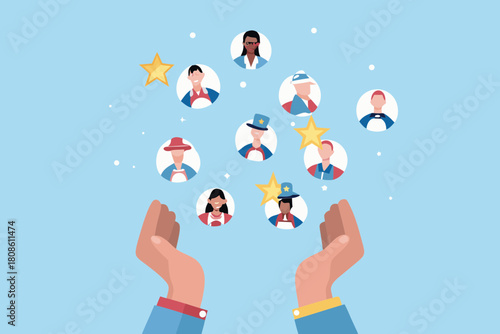 Diverse american faces held up by hands with stars and patriotic colors