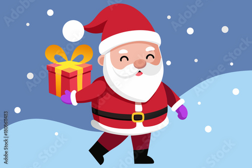 Cartoon Santa carrying a gift in the winter snow scene