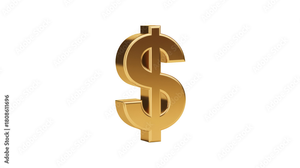 Fototapeta premium A gleaming 3D golden dollar sign stands prominently on a solid dark transparent background, symbolizing wealth, finance, and prosperity. background removed