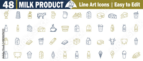 Milk Product Line Art Icons Editable Vector Set: Dairy Farm, Cheese, Cream, Yogurt, Butter, Cow, Grater, Jug, Milk Bottle, Ice Cream, Container, Glass, and more vector illustrations. 