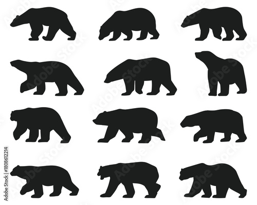 Polar Bear Silhouettes Set on black color