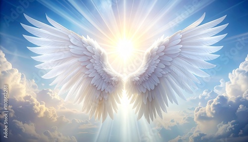 Majestic pure white feathered wings, glowing with a soft, ethereal light, Generated with AI.