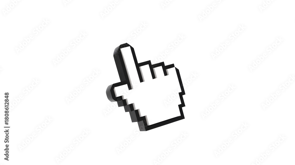 Fototapeta premium A compelling 3D rendered pixelated hand cursor in black and grey, pointing upwards. A classic digital interface icon representing selection or interaction. background removed