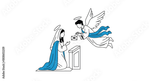 Annunciation scene showcasing Mary receiving a message from an angel in a serene setting, ideal for Christmas cards and religious events