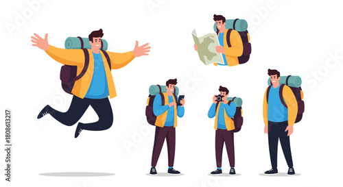 Happy hiker celebrating outdoor adventure with map, phone, and camera in hand - Ready for amazing travel experiences and unforgettable memories now