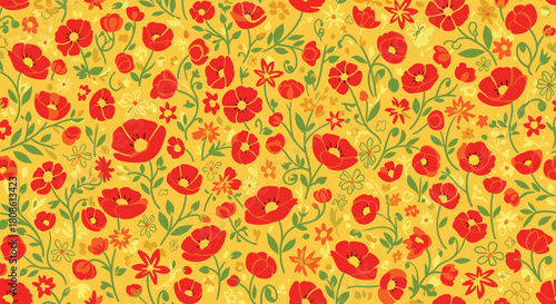 Cheerful floral pattern with vibrant red poppies and cheerful yellow background for spring textiles or wallpaper designs bringing joyful energy