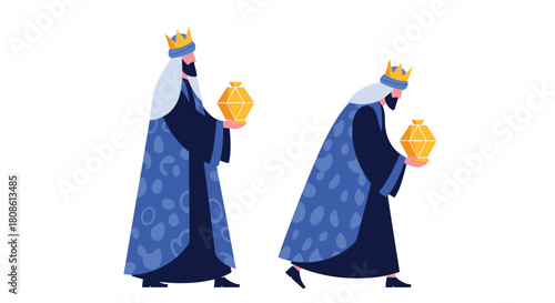 Three Wise Men bearing gifts in vector art style, ideal for Christmas celebrations and holiday marketing campaign, evoking joy and festive spirit