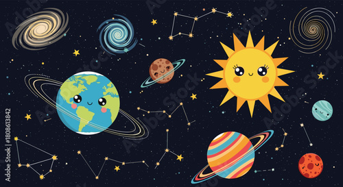 Adorable cartoon planets, constellations, and smiling sun shining brightly in a cute outer space galaxy illustration for kids designs and educational materials