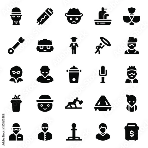 Diverse black glyph icon set featuring human figures and various objects representing different prof.eps