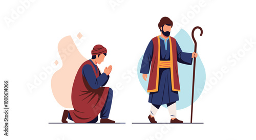 Biblical scene showcasing faith and tradition with a shepherd holding staff, symbolizing guidance and spiritual journey in serene vector art