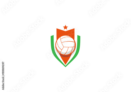 Volleyball Emblem: A clean, minimalist design of a volleyball, gracefully nested within a shield emblem. Capturing the spirit of sports and competitive play.