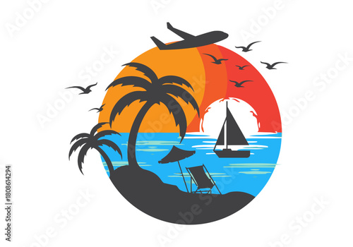 Tropical Escape Silhouette: A picturesque silhouette captures the essence of a tropical vacation, with a vibrant sunset casting its warm glow over a serene beach scene featuring a palm, sailboat.
