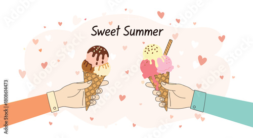 Enjoying sweet summer treats with friends, colorful ice cream cones and happy hearts, perfect for summer promotions and celebrations