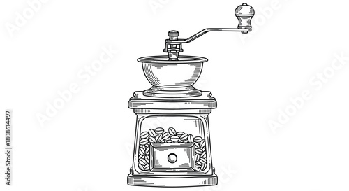 Elegant vintage coffee grinder with beans, perfect for cafe branding and retro kitchen designs, a timeless touch of artisan coffee culture