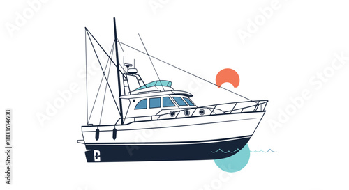Serene fishing boat sailing toward the horizon with minimalist design elements and calming colors evoking a sense of adventure and peacefulness