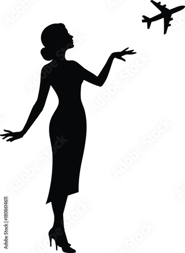 Black Silhouette Vector of Elegant Woman Standing and Reaching Towards Flying Airplane Isolated on White Background for Travel, Vacation, and Aviation Concept Illustration Design