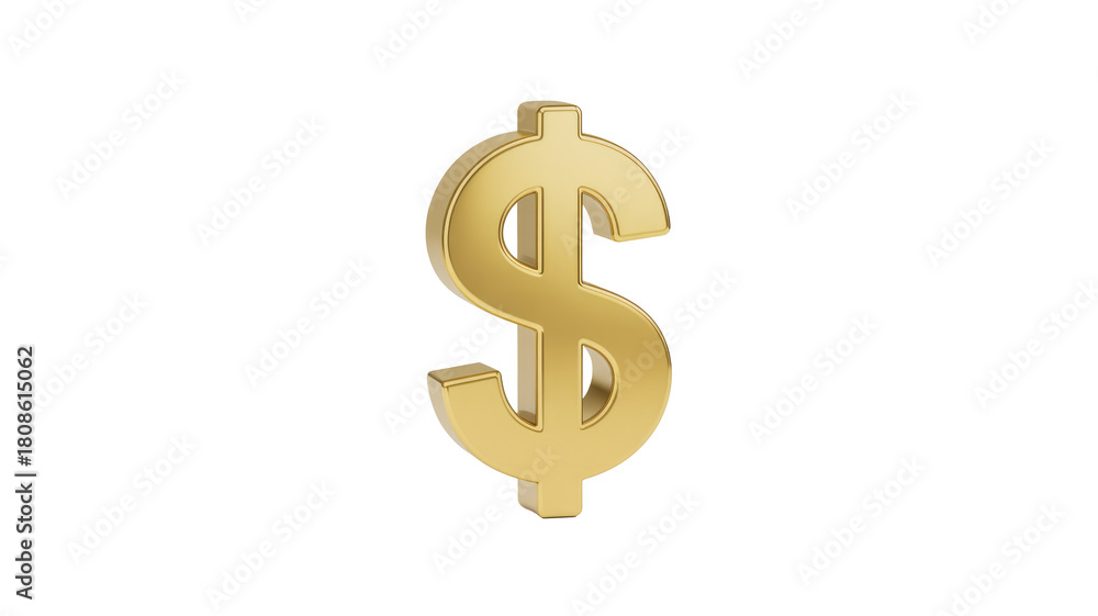 Fototapeta premium A vibrant 3D golden dollar sign icon stands prominently on a solid dark transparent background, symbolizing finance, wealth, and economic prosperity. background removed