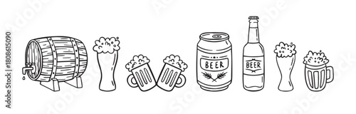 assorted beer glasses and barrel doodles. showcase taproom tasting scene with mugs pints bottles, foam keg hops rustic wood background. playful ink sketch conveying cozy celebration and craft brewing