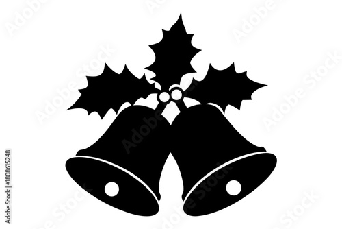 Christmas bells with holly silhouette vector,  bells with holly black symbol

