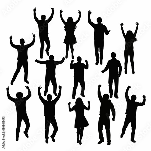 Group of diverse people celebrating with raised arms in silhouette style.