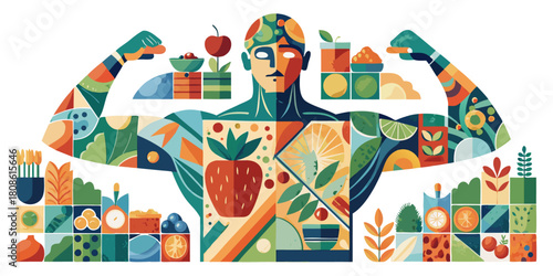 Flexing Human Silhouette Mosaic of Nutrient Foods Vector – Healthy Fitness Nutrition Illustration