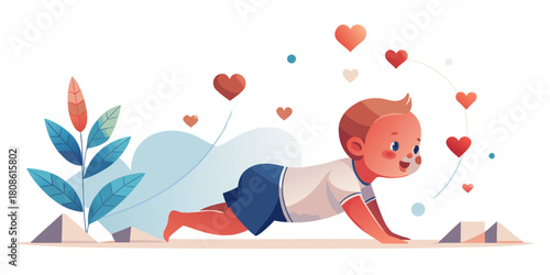 Cute Crawling Baby Vector with Floating Heart Symbols – Pediatric Healthcare Illustration