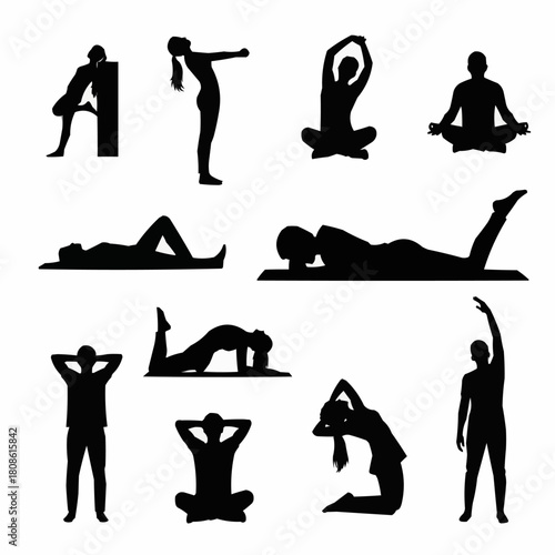 Set of black silhouettes showing various yoga and stretching poses.