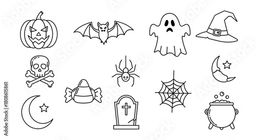 Halloween outline illustration with pumpkin, bat, ghost, cauldron, spider, and other spooky elements