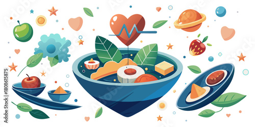 Superfood Bowl with Heartbeat and Orbiting Fruits Vector – Healthy Nutrition Illustration