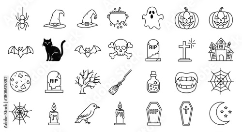 Collection of halloween themed outline illustrations spider to tombstone and everything in between