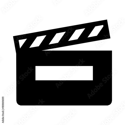 Black and white vector illustration of a clapperboard, used in filmmaking, with the top arm slightly raised.