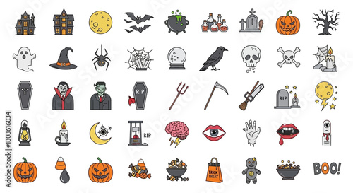 Collection of Halloween-Themed Icons: Festive Designs for Spooky Celebrations and Decorations