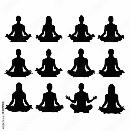 Silhouettes of people meditating in various yoga poses, promoting peace and mindfulness.