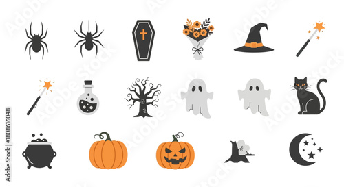 Collection of flat vector Halloween icons arranged neatly on a white background offering a festive