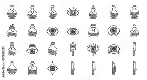Mystical elements seamless pattern featuring eye illustrations, potion bottles, and knives,